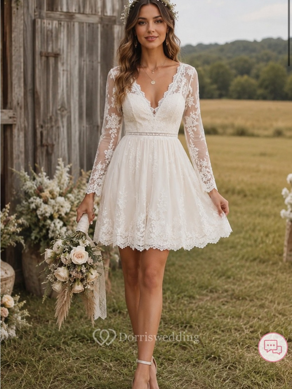 Lace V-Neck Long Sleeve Boho Mini Wedding Dress in Ivory